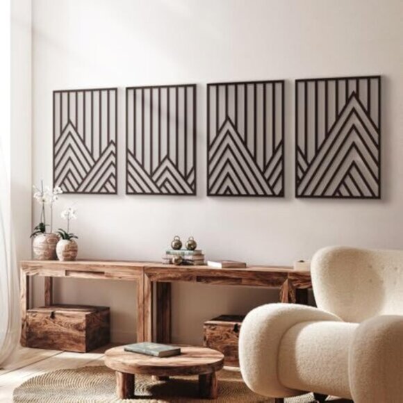 New 4 Pcs 17x12Inch Black Abstract Mountain Line Metal Wall Art for Home Decor